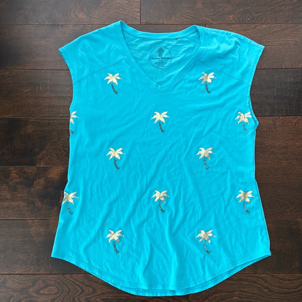 Tommy Bahama Turquoise top with palm trees embellishment